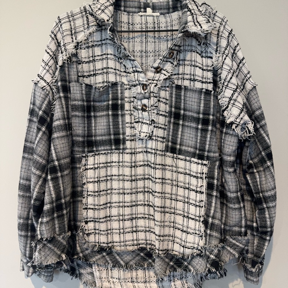 Plaid Frayed Button-Up Shirt